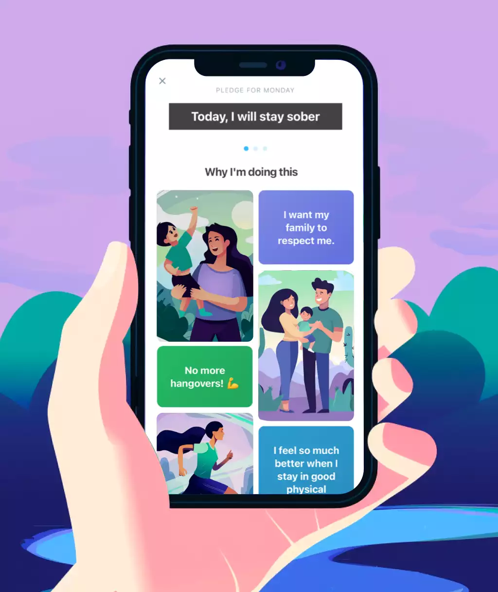 Reinforce your reasons for quitting An illustrated screenshot of the app's daily pledge page.