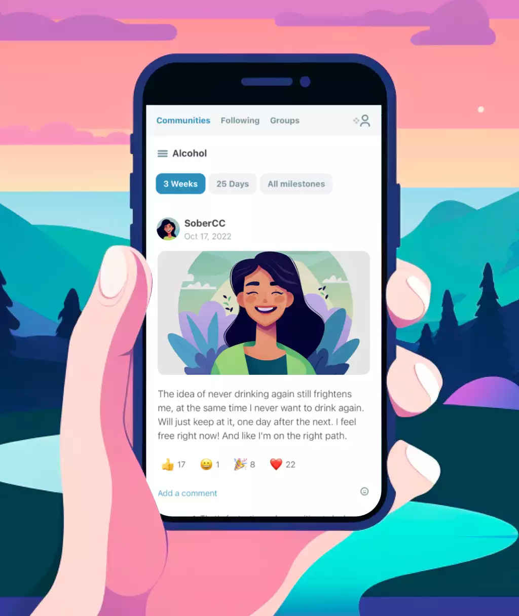 Connect with people who genuinely get it An illustrated screenshot of the app's community page.